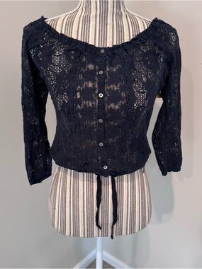 Hollister Navy Lace Button-Front Cropped Lace Blouse Sz XS